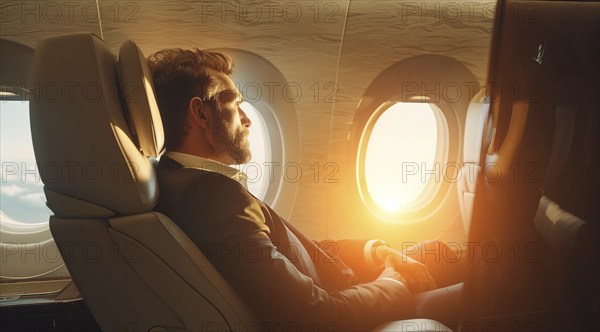 Successful businessman sitting in a plane, looking out the window. Business travel, global
