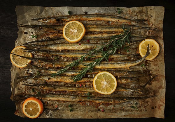 Fried fish, sargan, black sea pike, top view, close-up, no people