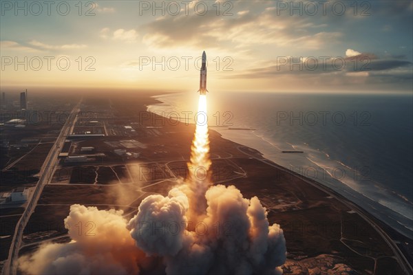 Aerial view of a rocket launch at sunrise sunset over an ocean coast. The rocket is blasting off