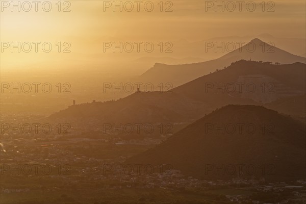 View of the densely populated Neapolitan region and the mountains near Caserta in the hazy light of