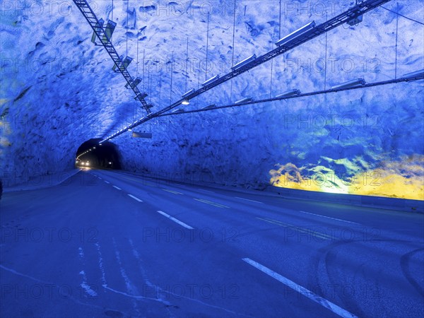 Tunnel between Aurland and Laerdal, Laerdalstunnelen, illuminated caves allow a stop, Sognefjord