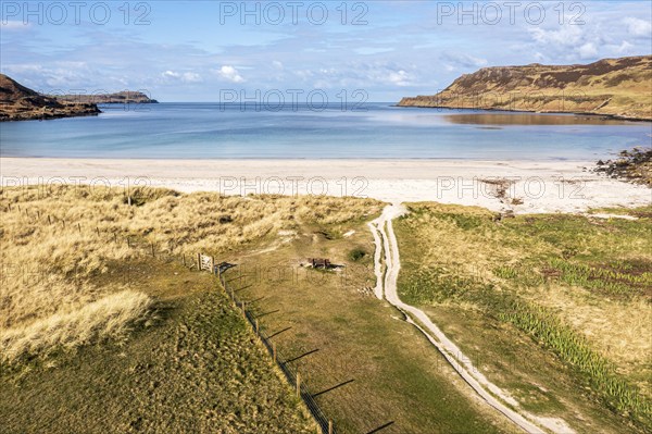 Aerial view of Calgary beach, a sandy beach on the west coast of Isle of Mull, Scotland, UK