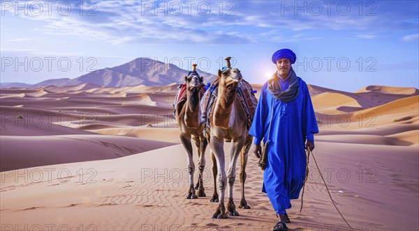 Camel rider with camels travelling over dunes in the desert, AI generated