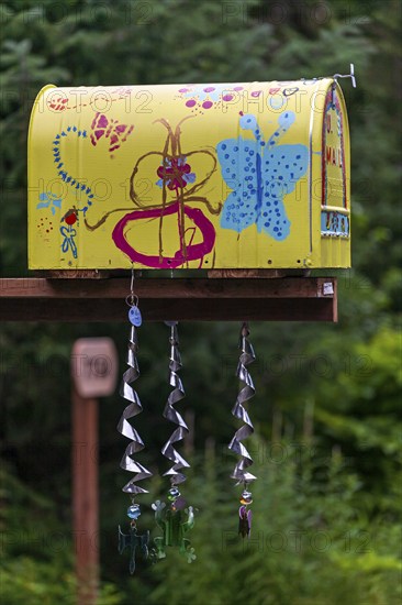 Typical American mailbox, painted, arts and crafts, Fairbanks, Alaska, USA, North America
