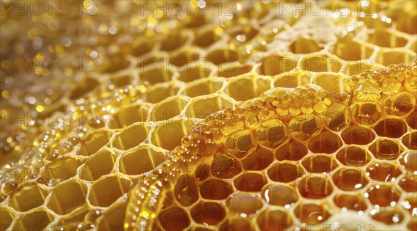 A close up of honeycomb with honey dripping from it, AI generated