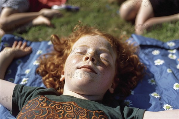 Child, boy, fair-skinned, with red hair and freckles sleeps in a meadow unprotected in the first