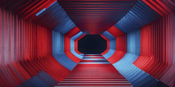 Abstract geometric pattern tunnel structure embodying data streams and communication in red and