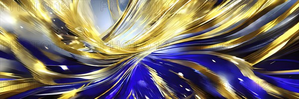 Abstract Illustration of energetic and dynamic swirl of gold, silver, and deep blue hues,