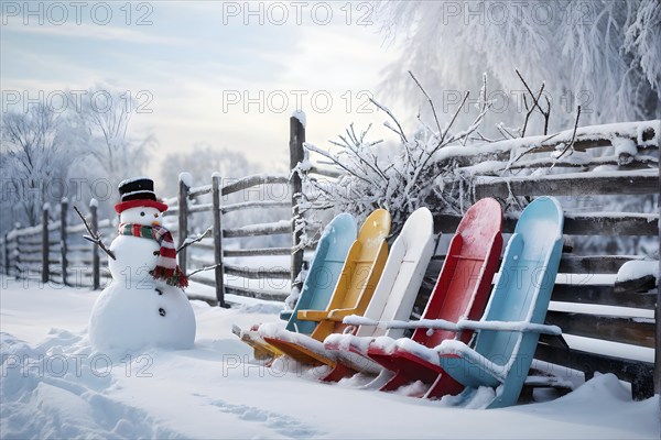 Rustic wooden sleds with frost covered branches and a snowman in the background, AI generated