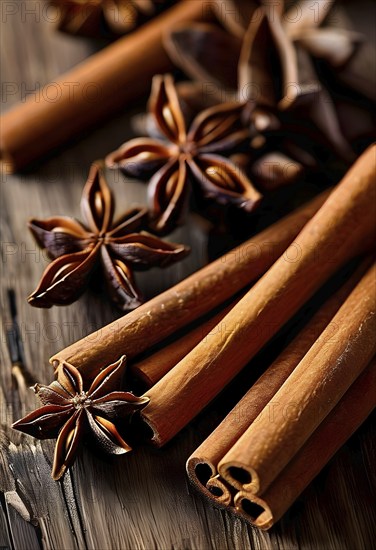 Christmas spices like cinnamon sticks, star anise, and cloves arranged on a wooden table, with soft