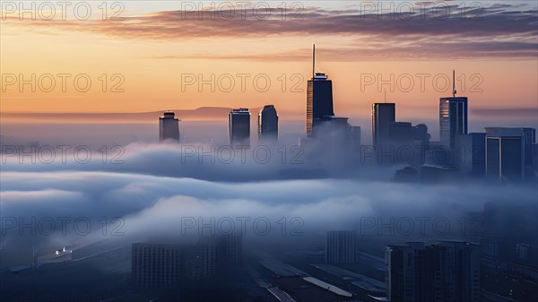 Cityscape emerging from a dense enveloping fog in sunrise and skyscrapers piercing the haze, AI
