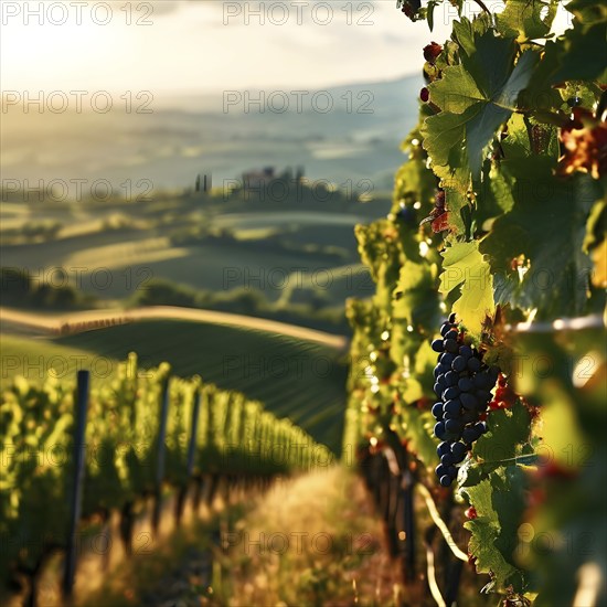 Winding vineyard rows snake through rolling hills under atmospheric summer sunlight, AI generated