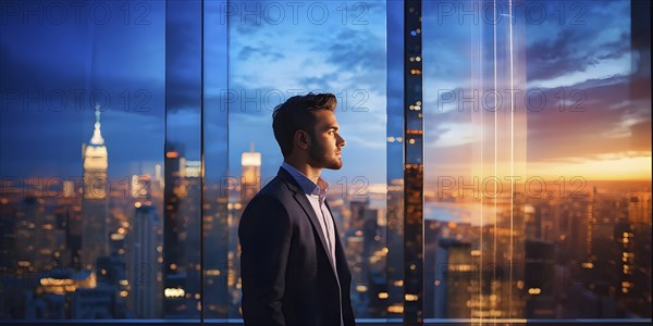 AI generated profile of a businessman with a double exposure of city lights, representing business