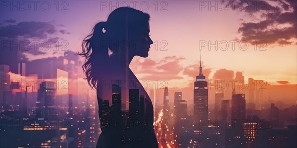 AI generated profile of a businesswoman with a double exposure of city lights, representing