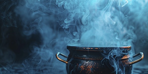 Banner with Halloween witch cauldron with blue smoke. Generative AI, AI generated