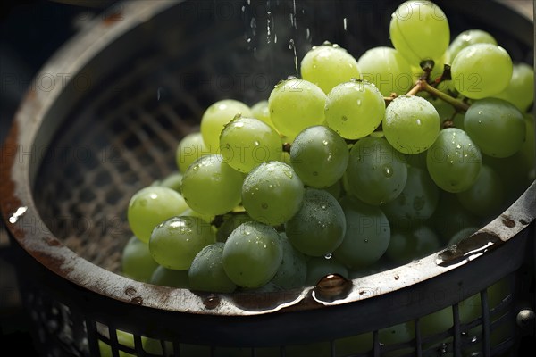 Grape cluster mid crush in a traditional wine press with dynamic flow of juice, AI generated