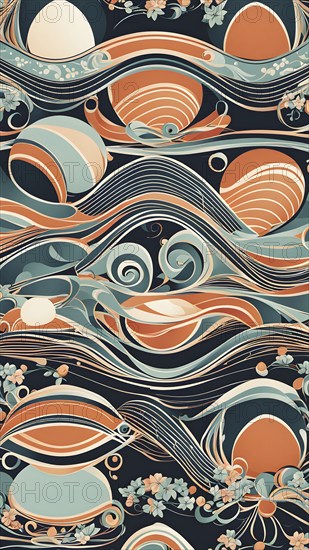 A whimsical abstract pattern with intertwined ribbons, eggs, and floral motifs, with a mix of sharp