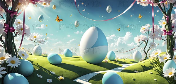 Surreal Easter scene with floating eggs, ribbons, and flowers in a dreamlike, whimsical composition