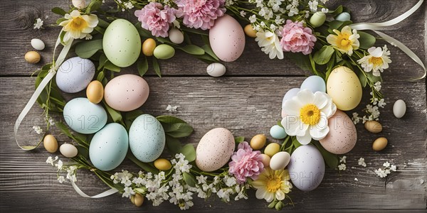Spring wreath with pastel ribbons, speckled eggs, and blooming flowers, hanging on a wooden