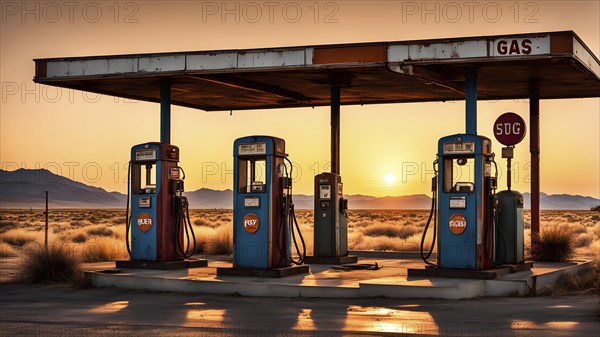 Abandoned retro gas station in the middle of a desert at sundown, with rusted gas pumps and an old