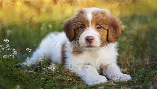 KI generated, dog, dogs, puppy, one, two, three, play, snow, winter, autumn leaves, blue sky,