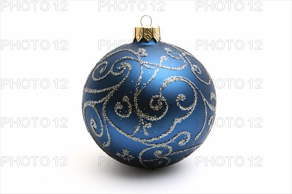 Single blue and golden Christmas bauble ornament on white background. Generative Ai, AI generated