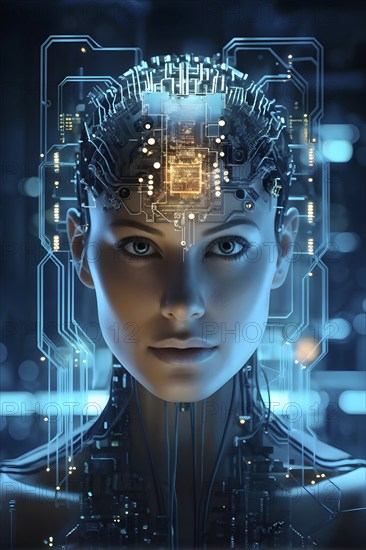 Illustration of a human brain merging with a woman's head intertwined with microchips and a