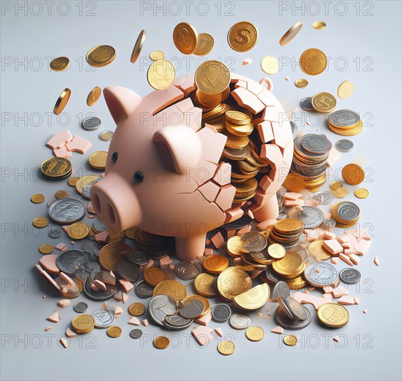 A piggy bank breaks and scatters coins. Symbol photo saving, saver, money, finance, monetary