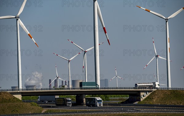 Jackerath motorway junction, A44 and A61 motorways, in the Rhenish lignite mining area, wind farm,