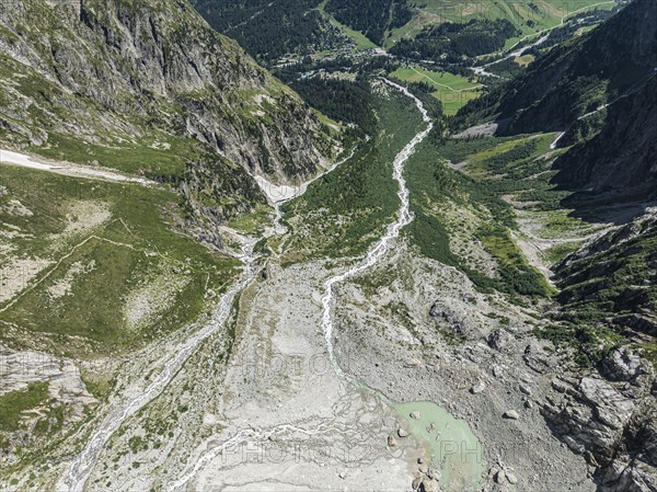 Aerial view, hiking path from La Fouly to Cabane de Neuve along a glacial streams, Valley Val