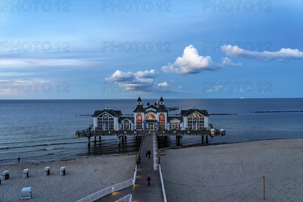 The pier of Sellin, evening mood, sunset, 394 metres long, with restaurant, jetty, beach chairs,