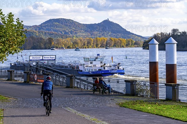Cargo ship on the Rhine near Bonn, Rhine promenade near Bonn-Oberkassel, Siebengebirge in the