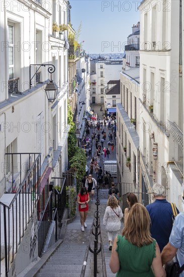 People descend a staircase and enjoy the urban view, Paris