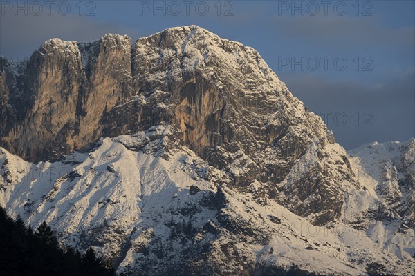 Mountain peak Berchtesgadener Hochthron at sunrise, mountain landscape with snow in autumn,