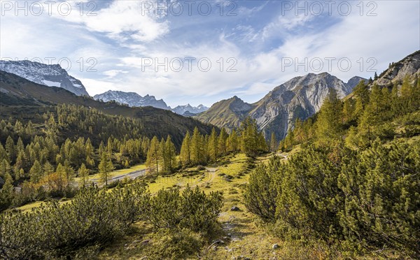 Mountain panorama with steep rocky peaks, yellow-coloured larches in autumn, hike to the summit of