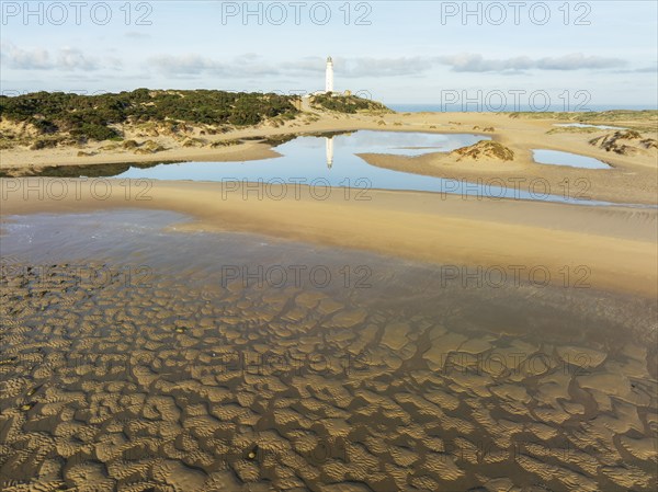 Cape Trafalgar at the Atlantic Ocean at low tide. Aerial view. Drone shot. Costa de la Luz, Cádiz
