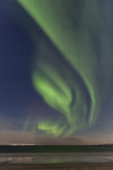 Northern Lights, Aurora borealis, full moon, moonlight, village, houses, snow, sea, coast, winter,