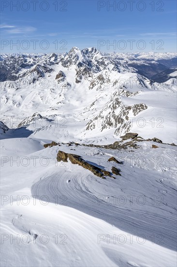 View from the summit of Monte Cevedale, mountain panorama with summit Königsspitze and Ortler,