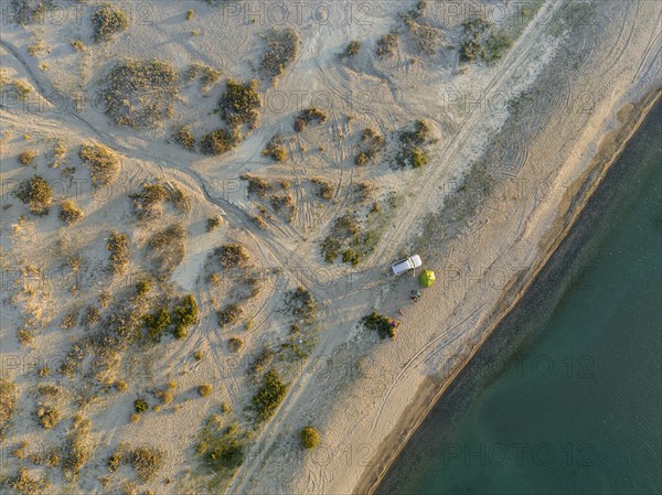Top-Down, Camping with car, Aerial view, Landscape at Lake Issyk Kul, Kyrgyzstan, Asia