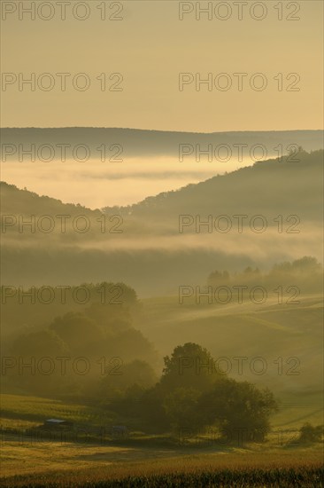 Morning fog over the Werra valley, Weißenborn near Eschwege, Werra-Meißner district, Werra valley,