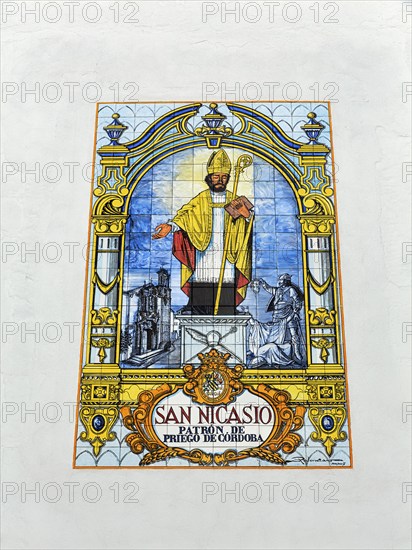 Mural made of colourful tiles, Saint Nicasio, patron saint, Priego de Córdoba, Priego de Cordoba,