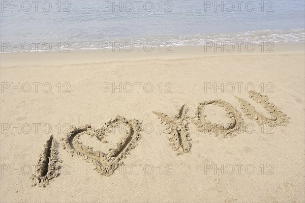 I Love You written in the sand, beach, Camargue, Provence, South of France