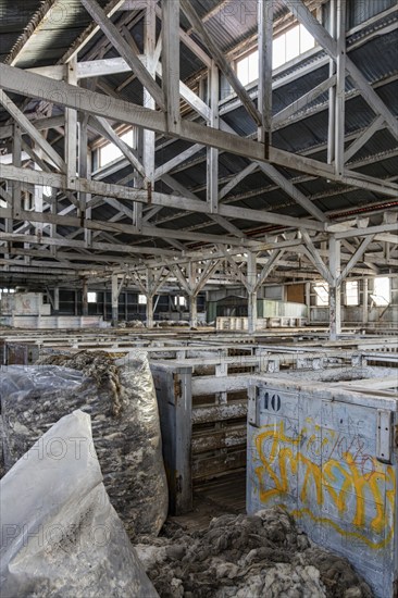 Sheep boxes and half-packed wool sacks, Estancia San Gregorio, Puente Alto, Metropolitan Region,