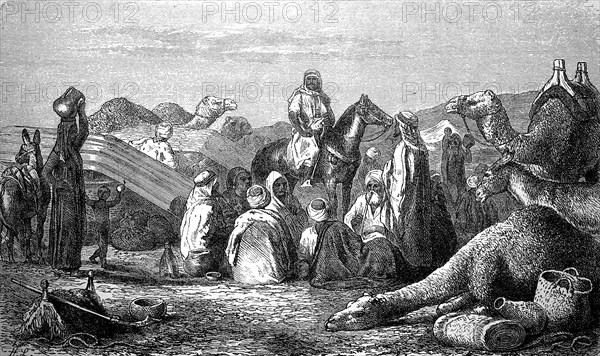 Bedouin camp in the desert, camel caravan, Egypt, ca 1869, Historical, digital reproduction of an