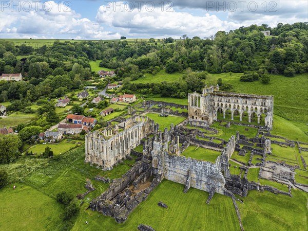 Rievaulx Abbey from a drone, North York Moors National Park, North Yorkshire, England, United