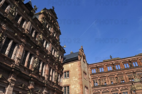 Heidelberg castle ruins, destroyed in 1698, left Friedrichsbau, centre Gläserne Saalau, right