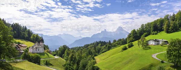 Maria Gern pilgrimage church, view of the Watzmann, farm, panorama, Berchtesgarden Alps,