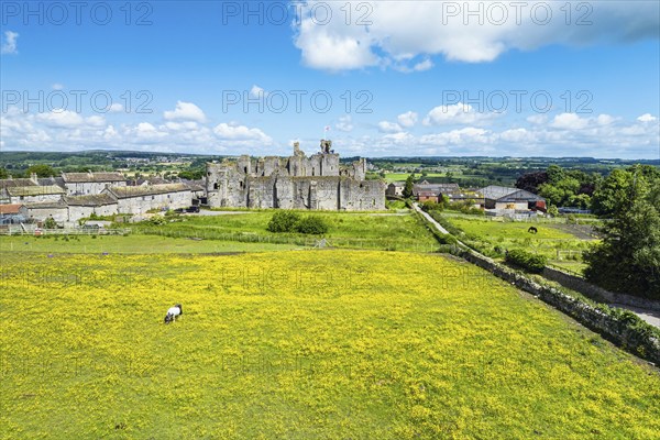 Middleham Castle from a drone, Middleham, Wensleydale, North Yorkshire, England, United Kingdom,