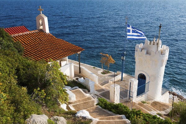 Small chapel with Greek flag and sea view, Church of Agios Nikolaos Krasoktistos, Agia Kyriaki,