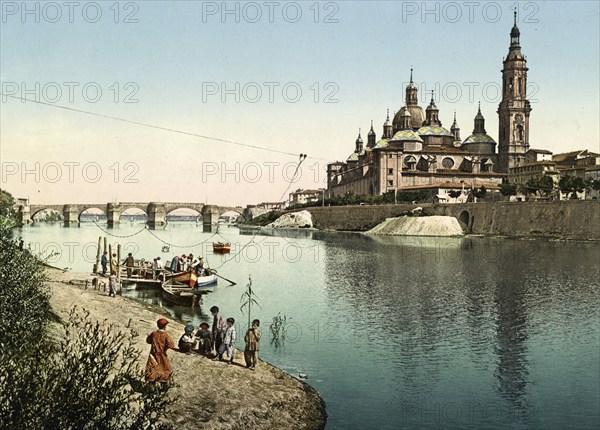 Zaragoza. Rio Ebro and Cathedral-Basilica of Our Lady of the Pillar, Spain, digitally restored